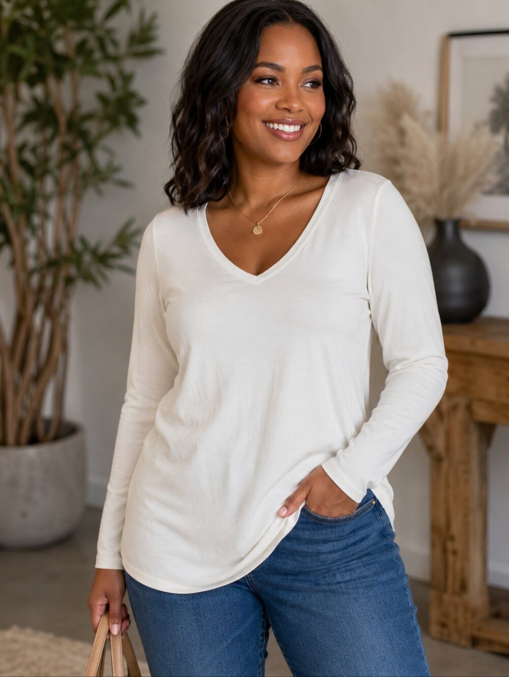 G by GIULIANA ECOLUXE Jersey Knit Long-Sleeve V-Neck Tee Shirt Elevated Basic